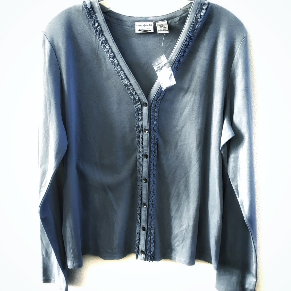 XL Sutton Studio Sweater LS Baby Blue Cotton Ruffle V neck Button up NWT